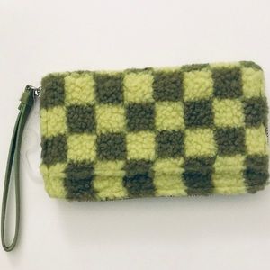 Faux Sherpa Zip Around Wristlet , Green